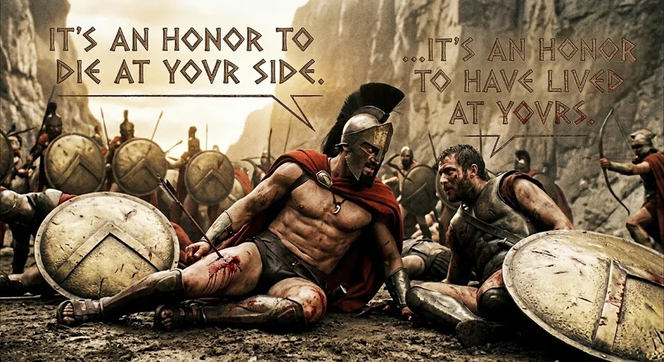Two wounded Spartan warriors resting side by side on the battlefield with shields and spears, one saying it's an honor to die at your side and the other replying it's an honor to have lived at yours.