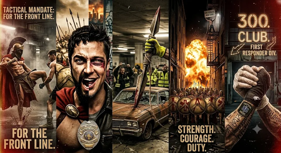 The Anarchy Project collage: a Spartan warrior training in a modern gym under the banner Tactical Mandate For The Front Line, a bruised fighter shouting mid-effort, a phalanx marching past an explosion beneath the words Strength Courage Duty, and a tattooed forearm wearing a Tactical Medic patch marked 300 Club First Responder Division.